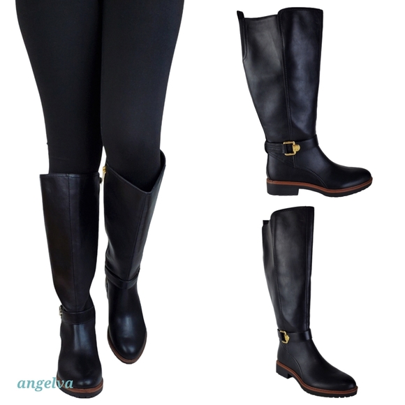 New Tommy Hilfiger frankly wide calf faux leather riding boots black gold wide - Picture 5 of 14